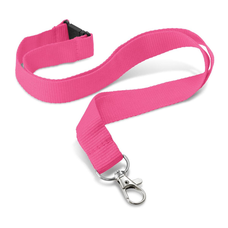 A custom printed lanyard in vibrant pink, measuring 20mm in width, with a clip for attaching items.