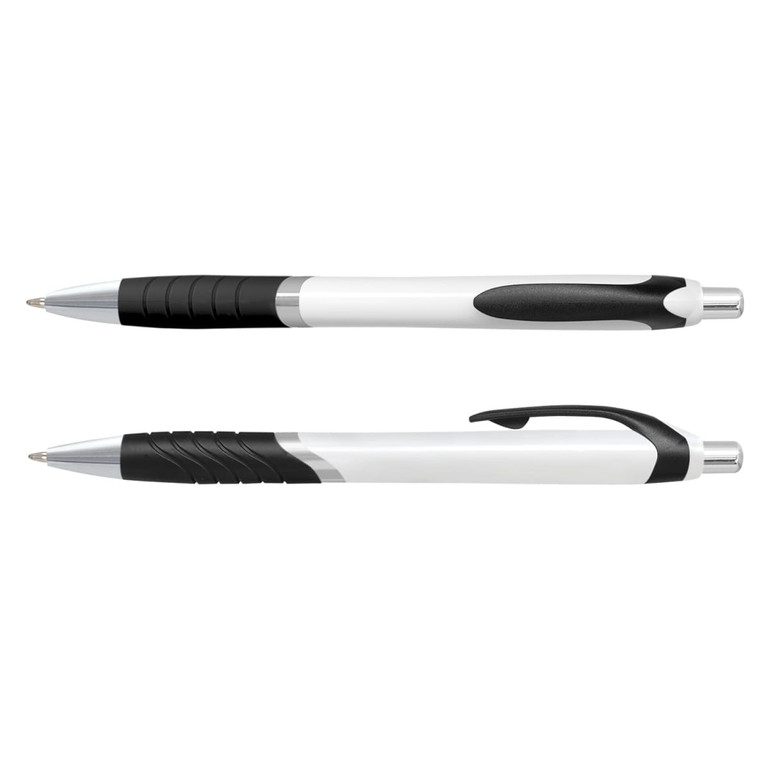 A plastic pen with a white barrel and black accents, featuring a sleek design and a shiny clip.
