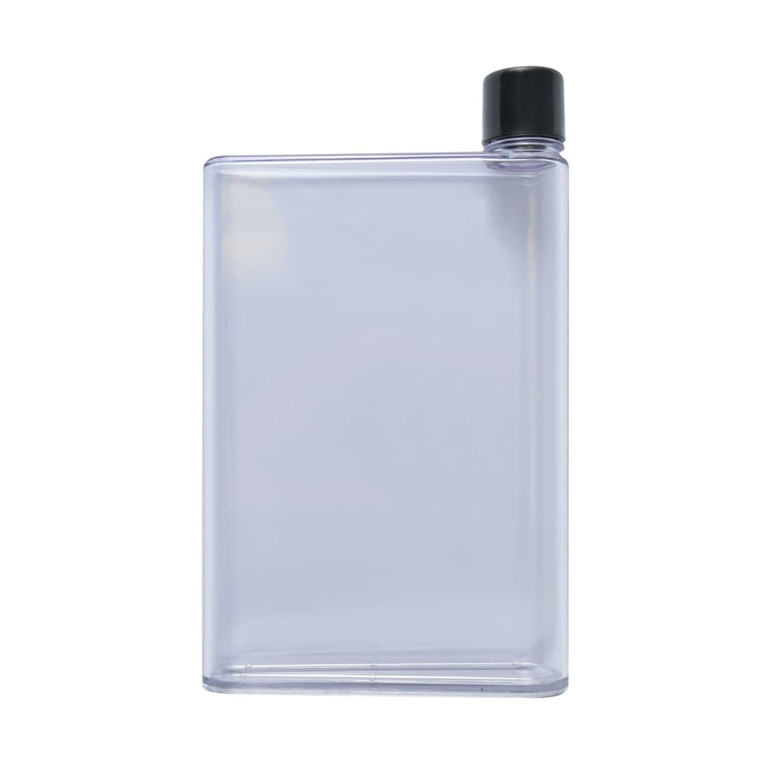 A drink bottle featuring a sleek, minimalist design with a transparent body and a black cap.