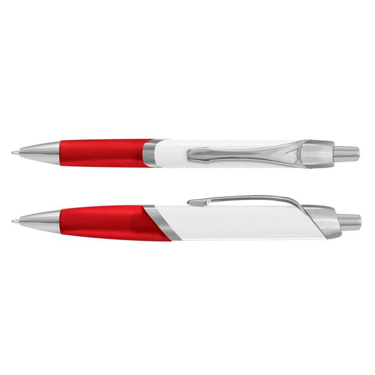 A plastic pen in red and white, featuring a silver clip and trim, includes branding on the body.