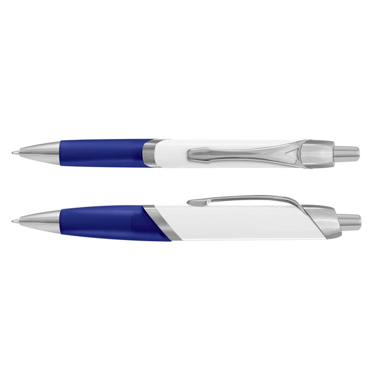 A blue and white plastic pen with a chrome clip and a logo on the side. Two pens are shown, one upright and one on its side.
