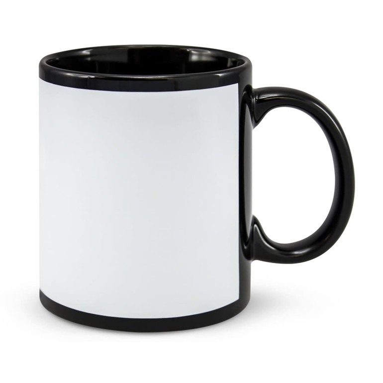 A coffee mug featuring a black exterior with a white interior and a curved handle. It has a logo on its surface.