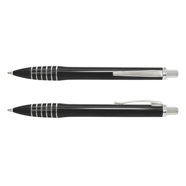A black plastic pen with silver accents and a clip, featuring striped detailing on the barrel.