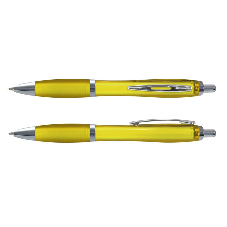 A translucent yellow pen with silver accents, featuring a smooth barrel and a clip design.