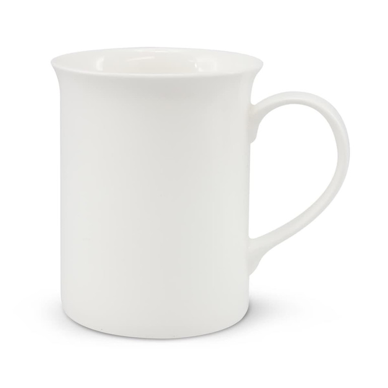 A coffee mug made of bone china, featuring a sleek white design and a comfortable handle.