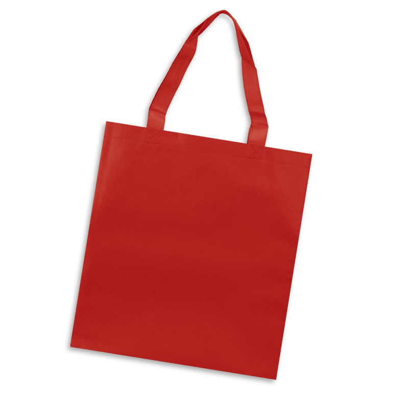 A red tote bag with sturdy handles and a simple design, featuring a logo on one side.