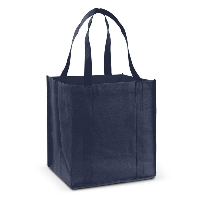 A navy blue Super Shopper Tote Bag with sturdy handles, featuring a square design for easy carrying and storage.