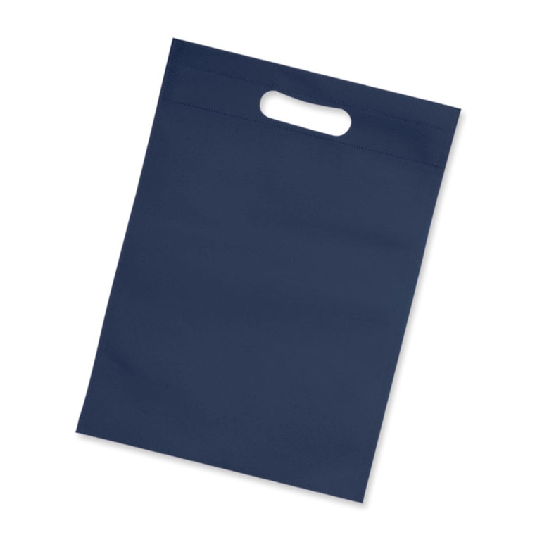 A navy blue tote bag with a top handle, featuring a simple and sleek design. It has a logo on one side.
