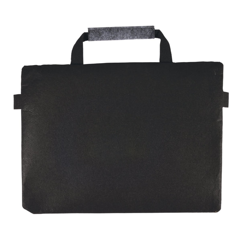 A black satchel with a top handle, made from RPET felt, featuring side flaps and a simple design.