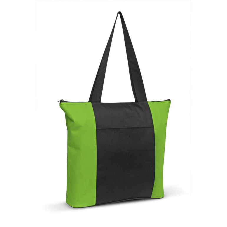 Avenue Tote Bag featuring a vibrant black and green design with a spacious interior and sturdy straps.