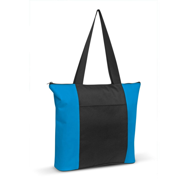 Avenue Tote Bag featuring a blue and black design with a zippered closure and long straps.