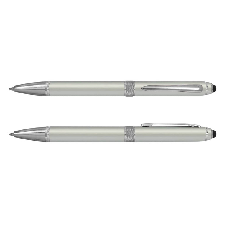 A stylus pen in a soft green shade with silver accents and a branding logo.
