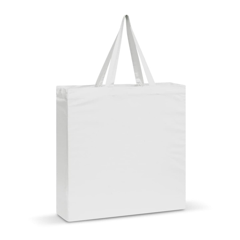 A white cotton tote bag with long handles and a simple design. It features a logo on one side.