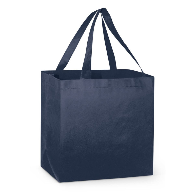A navy tote bag with sturdy handles, featuring a square design and no visible logos or text.