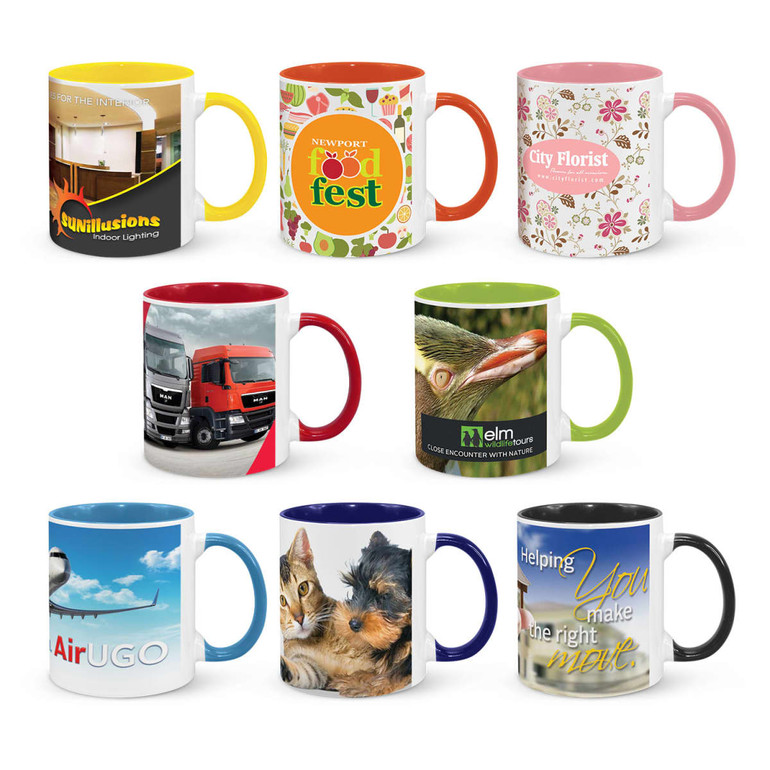 A collection of eight coffee mugs in various colours and designs, featuring different patterns and a logo on each mug.