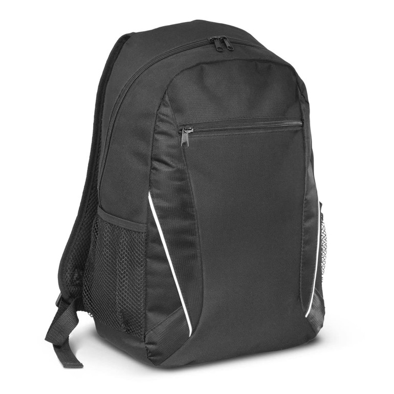 A black backpack with a front zip pocket and mesh side pockets, featuring subtle white accents and a logo.