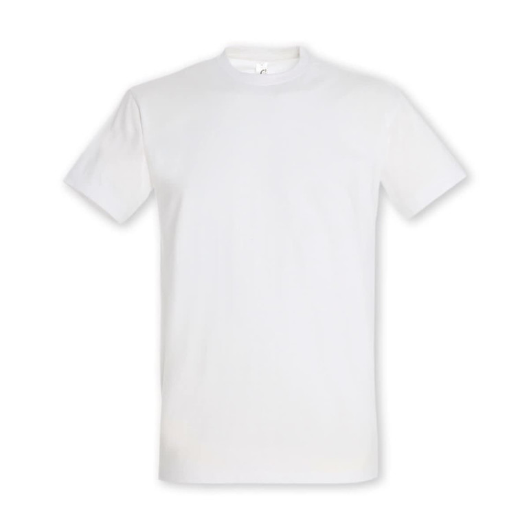 A plain white adult t-shirt with short sleeves, featuring a logo on the neckline.