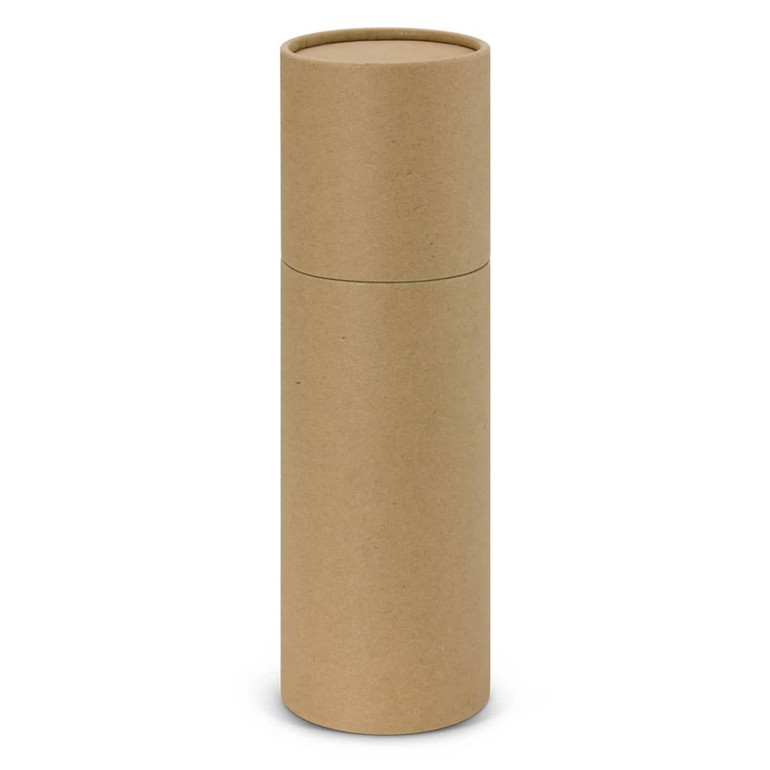 A drink bottle in a cylindrical cardboard packaging, featuring a textured, plain brown surface.