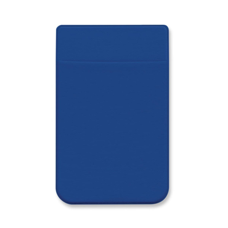 A Lycra phone wallet in a solid blue color, featuring a slim design with a single pocket for cards and cash.