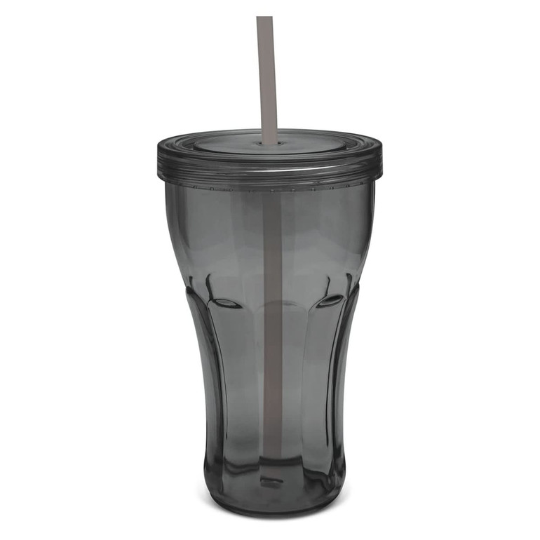 A drink tumbler in a smoky grey colour with a lid and straw, featuring a logo.