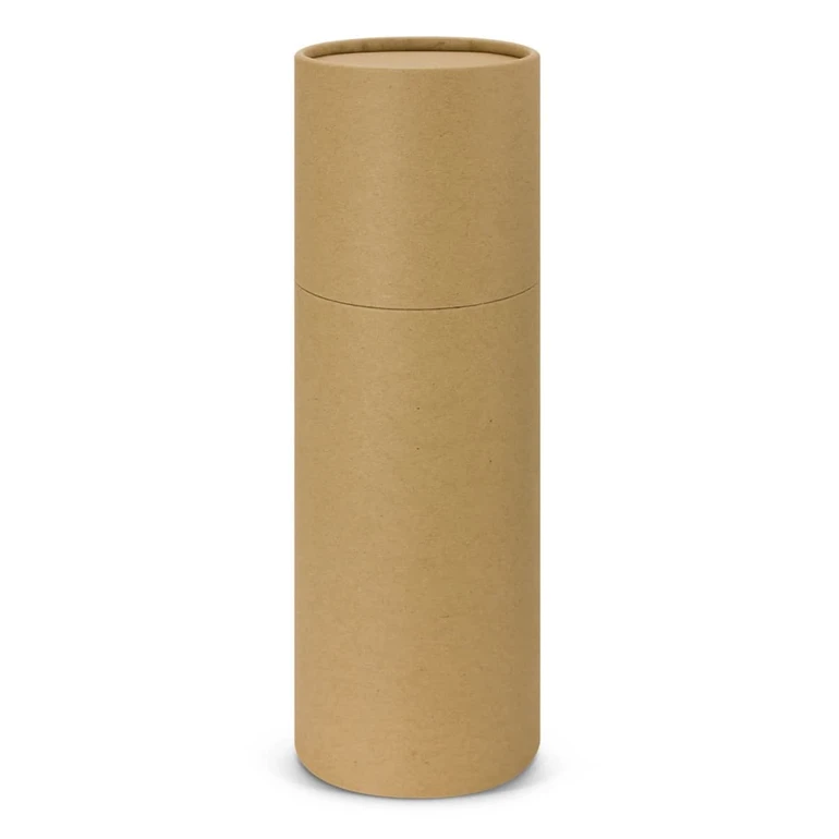 A drink bottle with a simple, cylindrical design, presented in a plain brown kraft paper tube package.
