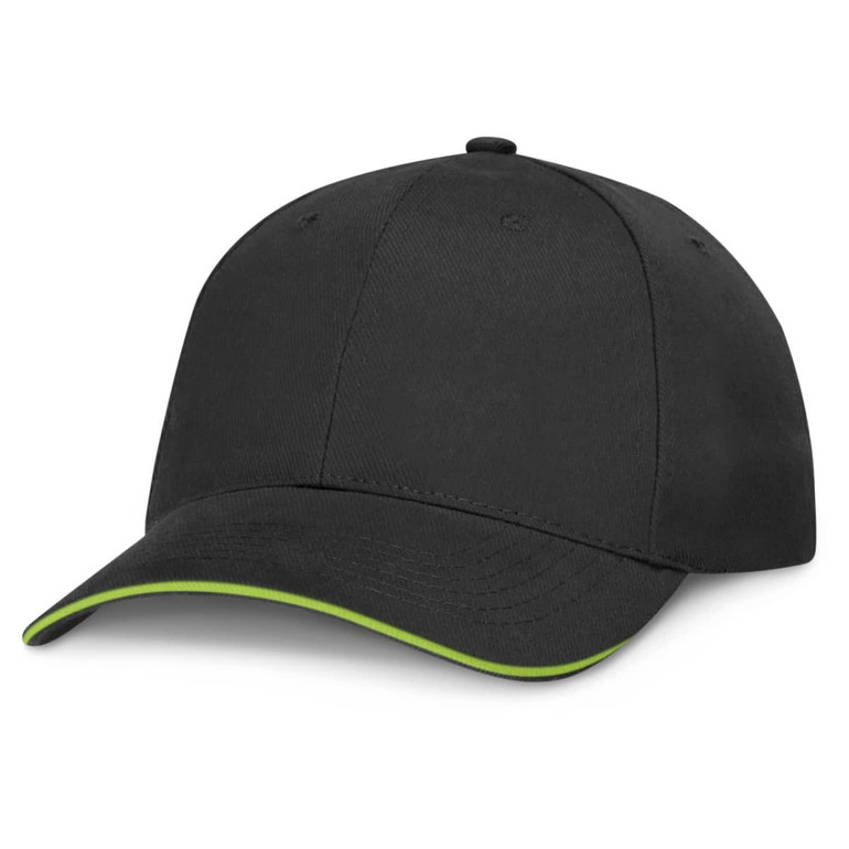 A black cap with a contrasting green trim.
