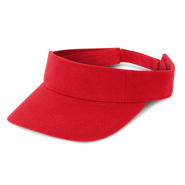A red sun visor with a wide brim and adjustable strap.