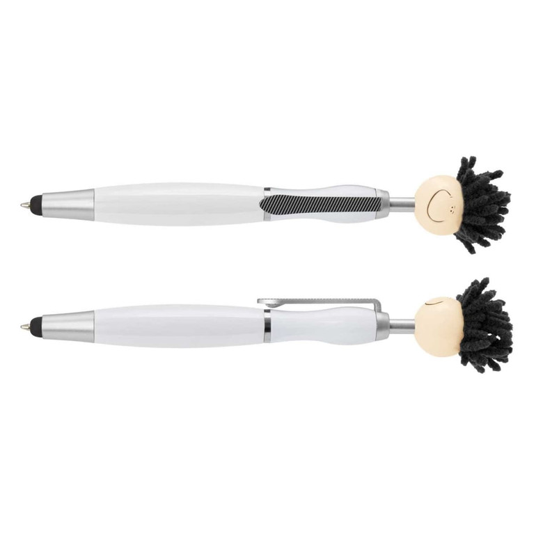Two stylus pens with smiley-faced toppers and black yarn hair, featuring a white barrel and silver accents.