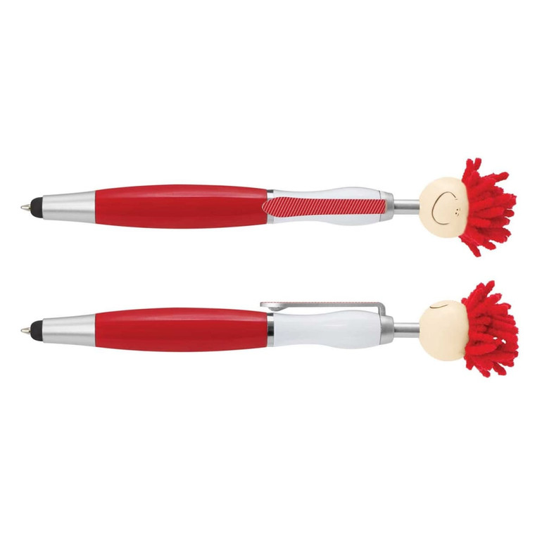 Two red and silver pens featuring a playful design with a pom-pom topper and a smiling face.