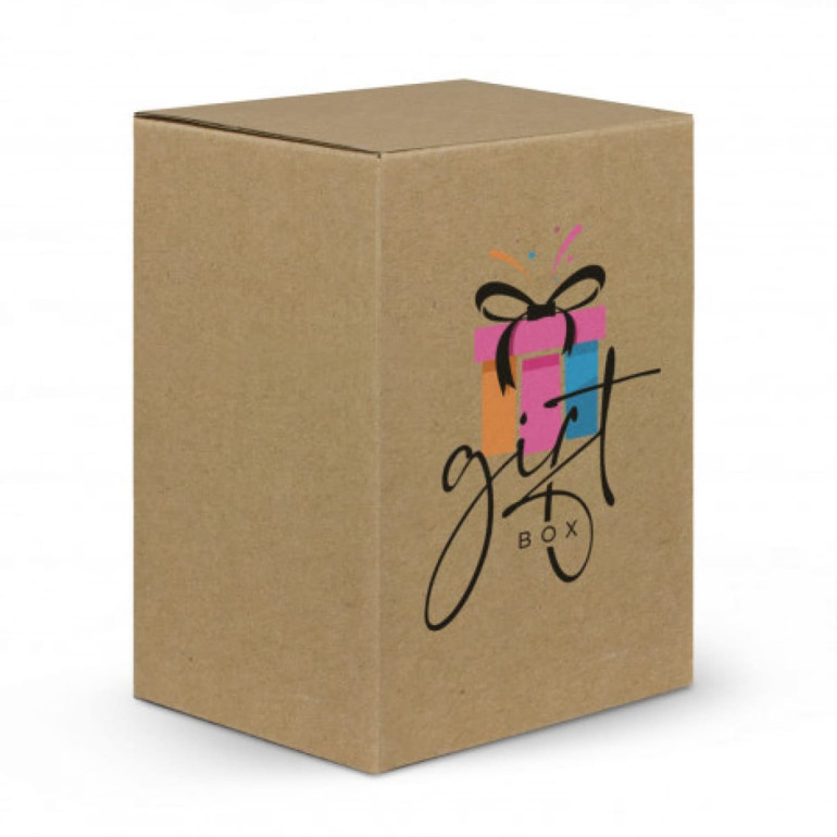 A gift box with a colourful design featuring pink and blue elements, tied with a black bow, on a kraft background.