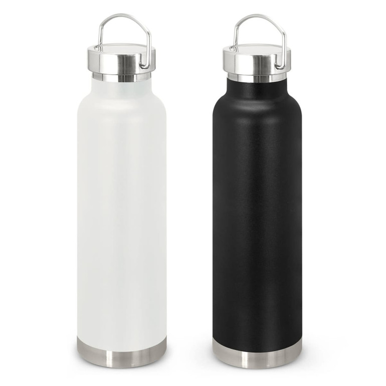 A drink bottle with a stainless steel lid, available in white and black finishes, featuring a sturdy handle.