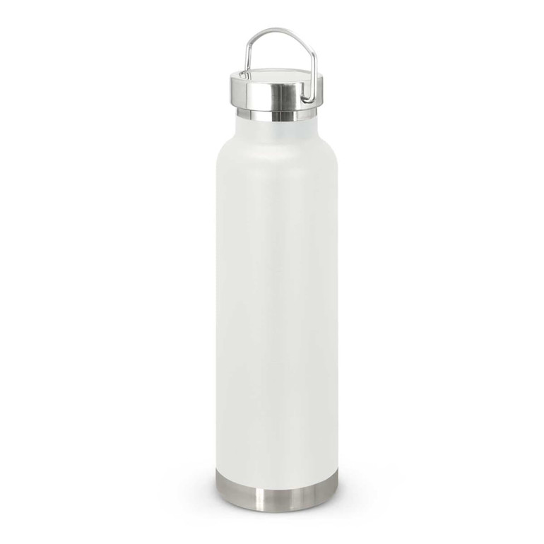 A drink bottle in a sleek white design with a stainless steel base and a metal handle on the cap.