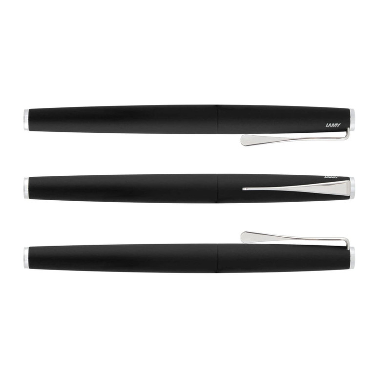 A sleek black Lamy Studio rolling ball pen set featuring three pens with a silver clip and accents.
