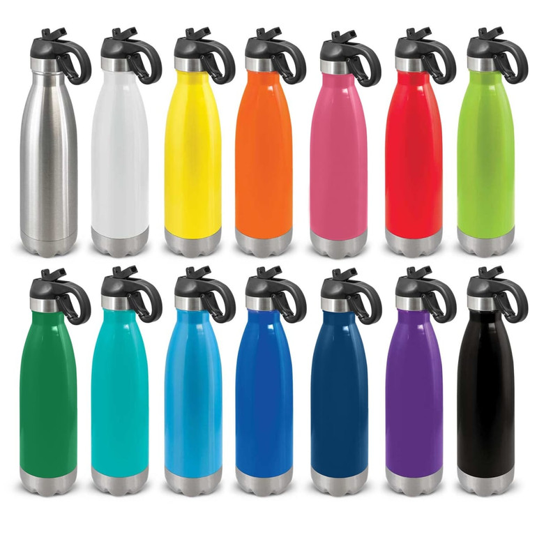 A drink bottle collection featuring various colours, including stainless steel, white, yellow, orange, pink, red, green, blue, and purple. Each has a flip lid and branding.
