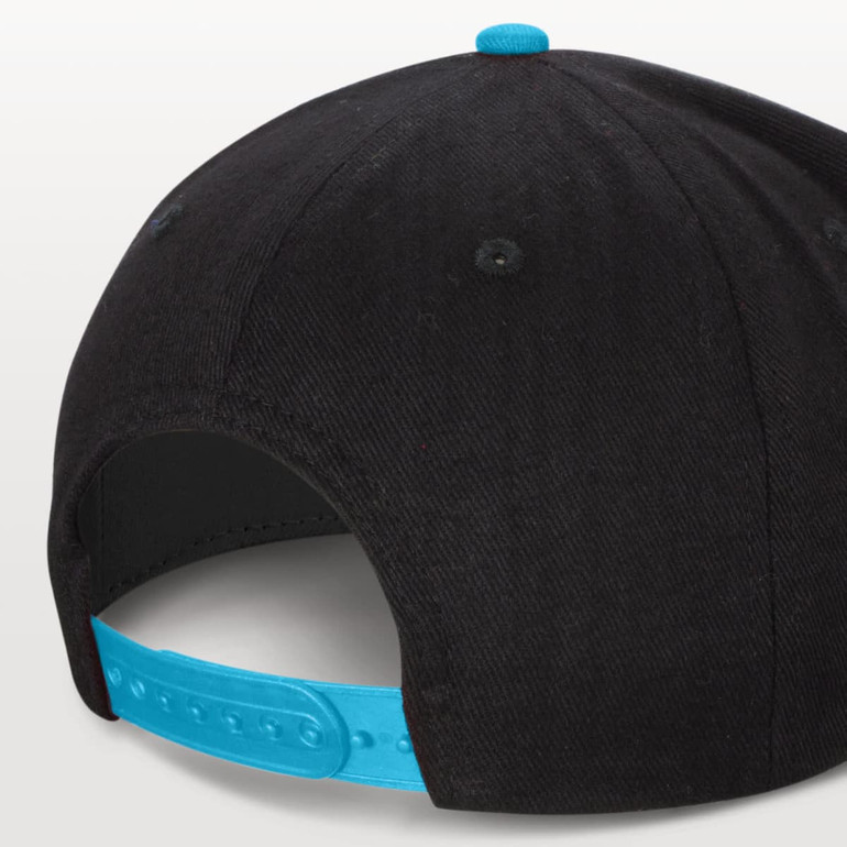 A black flat peak cap with a turquoise adjustable strap at the back.