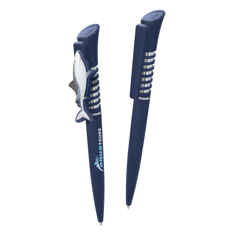 A blue plastic pen with a fish-shaped clip and a logo, featuring a sleek design and a silver grip.