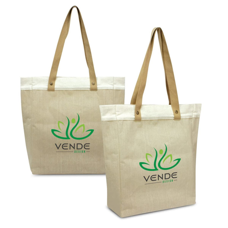A beige tote bag with long brown handles, featuring a logo on the front.