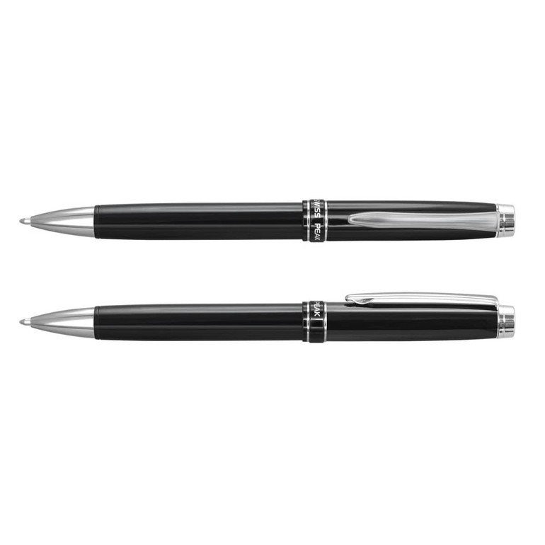 A black metal ballpoint pen with silver accents, featuring a branded clip and smooth writing action.