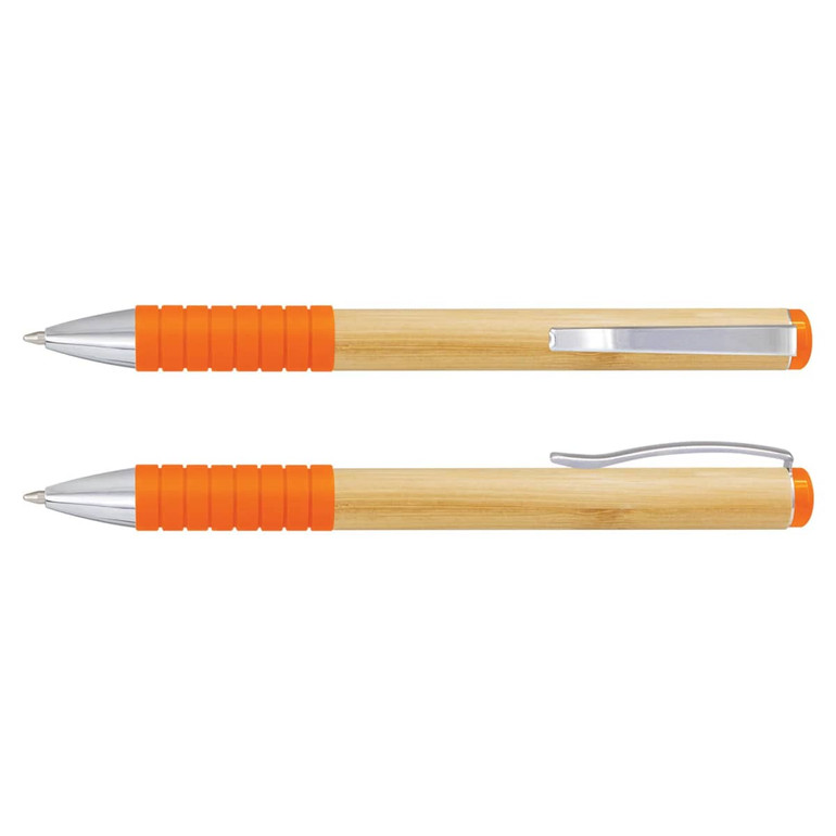A bamboo twist pen with orange rubber grips and silver accents. It features a clip and smooth writing tip.