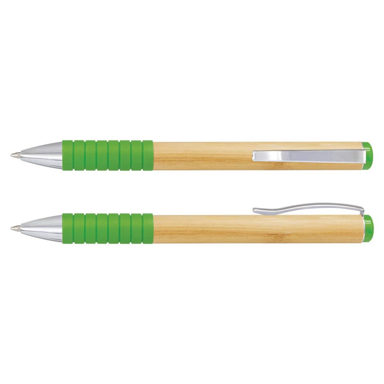 A bamboo twist pen with a green rubber grip and chrome accents, featuring a clip and retractable design.