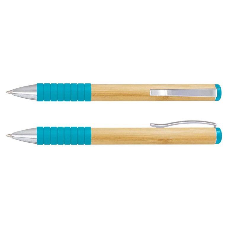 A bamboo twist pen featuring a turquoise grip and silver accents, with a metal clip for convenience.