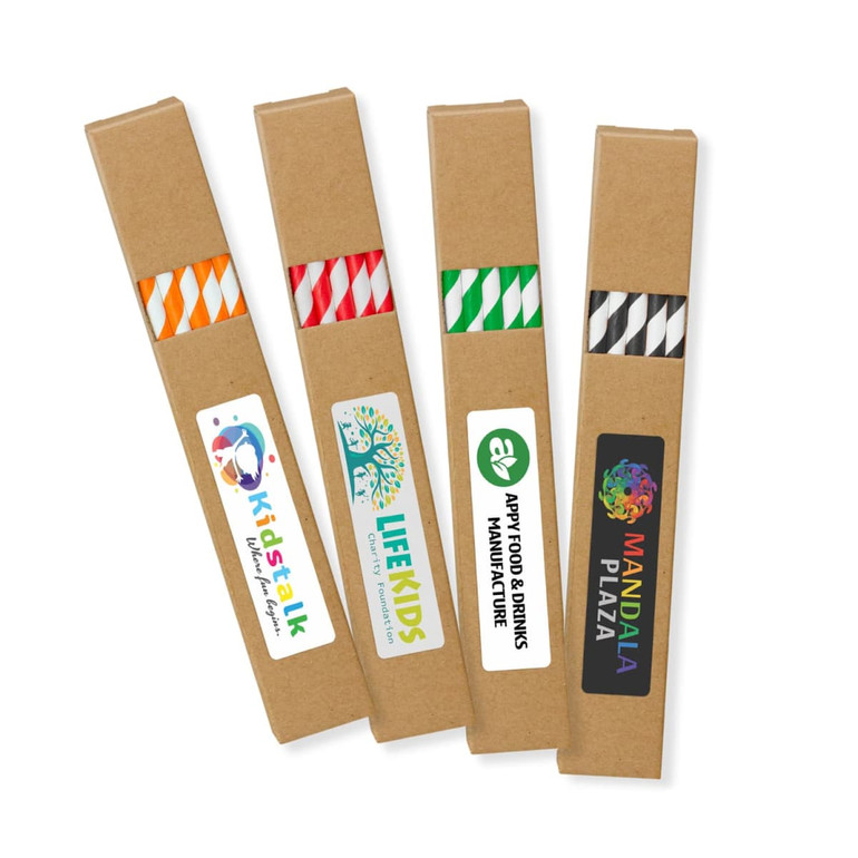 A set of four coloured paper drinking straws in packaging, featuring orange, red, green, and black and white stripes.