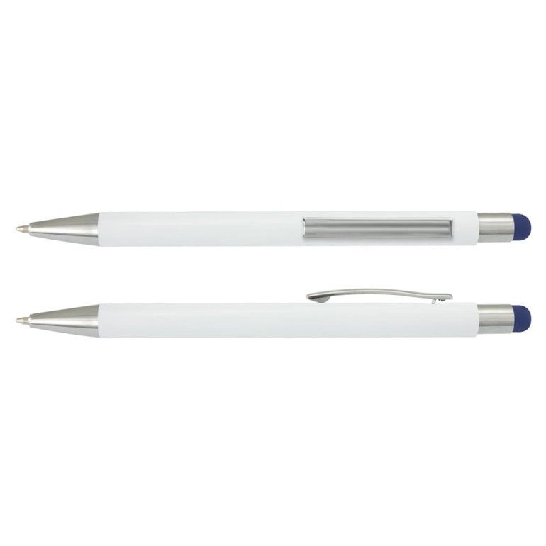 White barrel stylus pen with a silver clip and a blue rubber tip for touchscreen use. Features a branding logo.