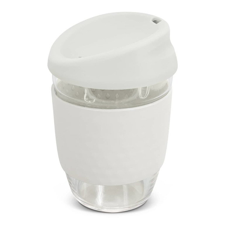 A drink bottle made of clear borosilicate glass with a white silicone sleeve and lid, featuring a logo.