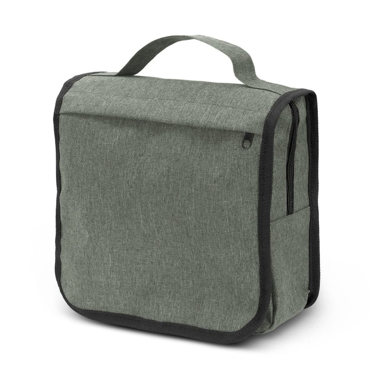 A green toiletry bag with a top handle, featuring a zippered pocket and a textured fabric design.