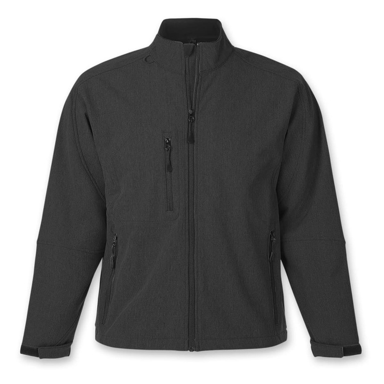 A softshell jacket in black with multiple zippered pockets and a high collar. It features a logo.