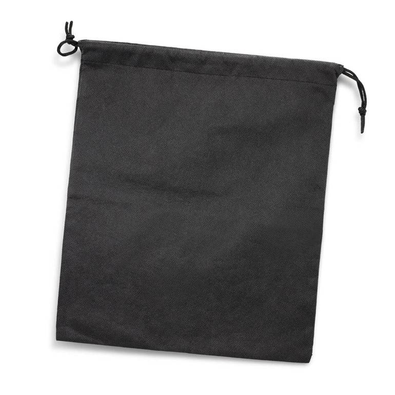 A large drawstring gift bag in black, featuring a simple design and adjustable closure.