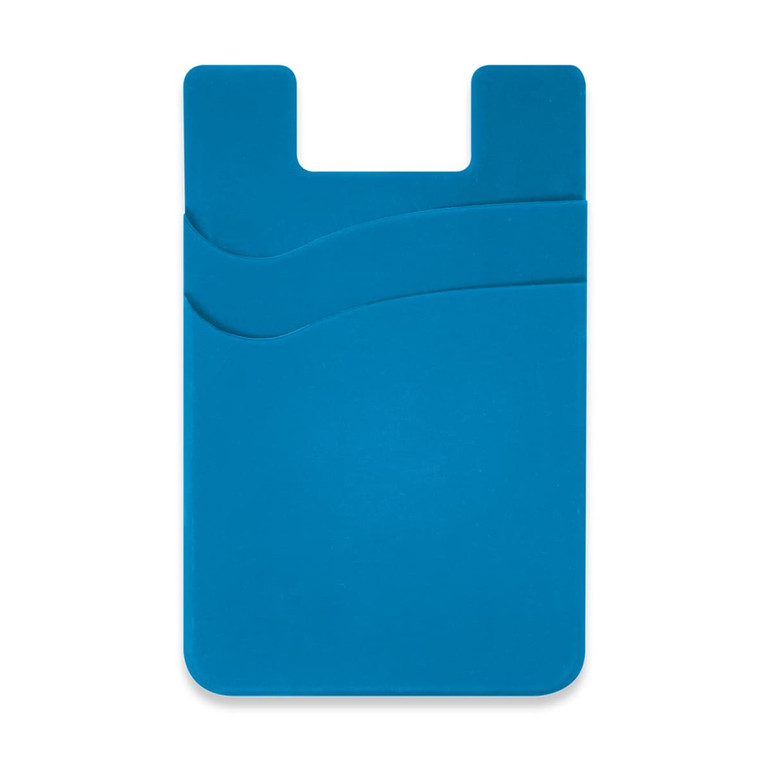 A blue silicone phone wallet with two card slots and a wavy design. It features a logo on the surface.