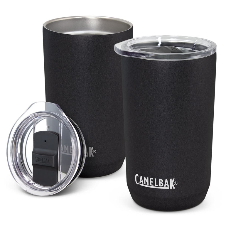 A drink bottle featuring a sleek black design, includes a transparent lid and a logo. Two tumblers are shown.