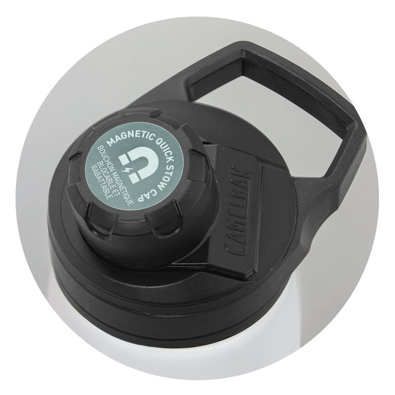 A drink bottle with a black cap and handle, featuring a logo, in a circular design. The bottle is white and has a vacuum insulation.